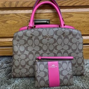 Brown and pink coach bag with matching wallet/wristlet.